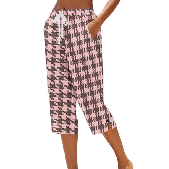 Besolor Womens Summer Capris Plaid High Waisted Drawstring Straight Leg Split Hem Casual Loose Vacation Beach Capri Pants with Pocket