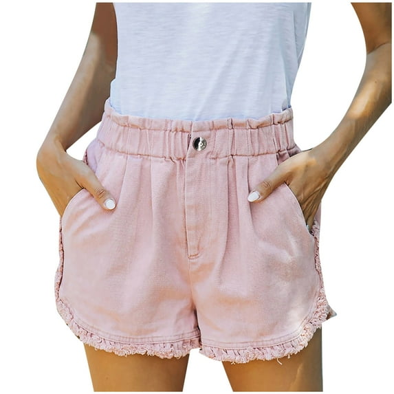 Besolor Womens Summer Denim Shorts Washed Elastic Waisted Ruffles Jeans Casual Stretch Distressed Shorts with Pockets