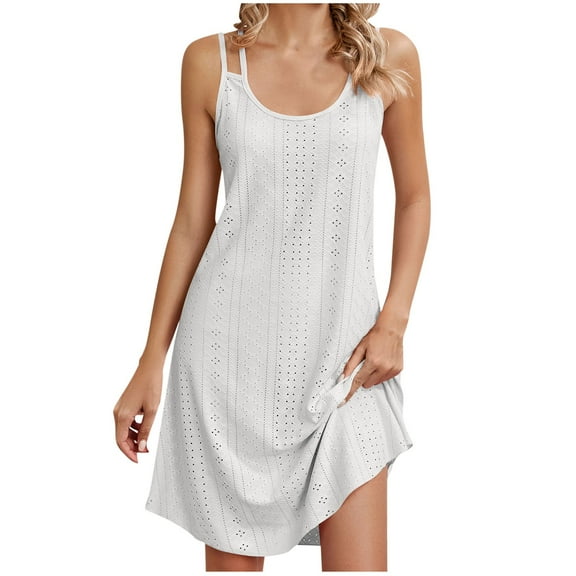 Besolor Womens Summer Dresses Crewneck Spaghetti Strap Eyelet Sundress Casual Sleeveless Beach Party Mini Dress