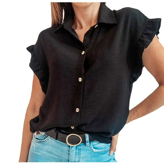 Besolor Womens Summer Fashion Buttton down Shirts Ruffle Short Sleeve Plain Tops Dressy Casual Business Work Blouses