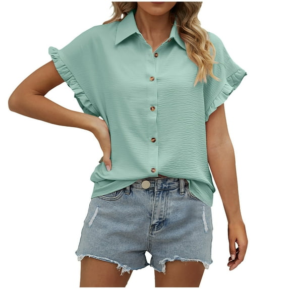 Besolor Womens Summer Fashion Buttton down Shirts Ruffle Short Sleeve Plain Tops Dressy Casual Business Work Blouses
