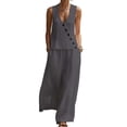 thumbnail image 1 of Besolor Womens Summer Outfits 2 Piece Set V Neck Sleeveless Button Tank Tops Wide Leg Pants with Pocket Beach Dresses Vacation Sets(Large,Gray), 1 of 7
