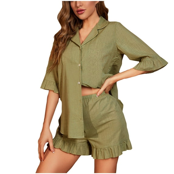 Besolor Womens Summer Pajama Sets Casual Short Sleeve Button down Shirts and Ruffle Shorts 2 Piece Outfits Sleepwear Pjs