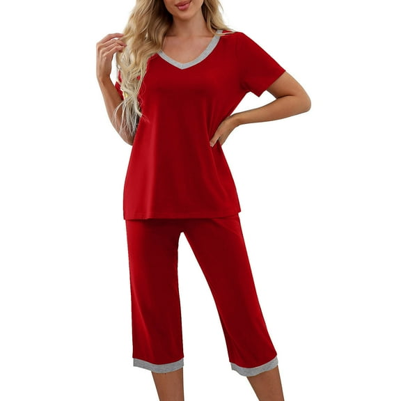 Besolor Womens Summer Pajama Sets Casual V Neck Short Sleeve Tops and Capris Pants 2 Piece Ooutfit Sleepwear Pjs