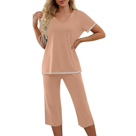 Besolor Womens Summer Pajamas 2 Piece Outfits Casual V Neck Short Sleeve Tops and Capri Pants Sets Sleepwear Pjs