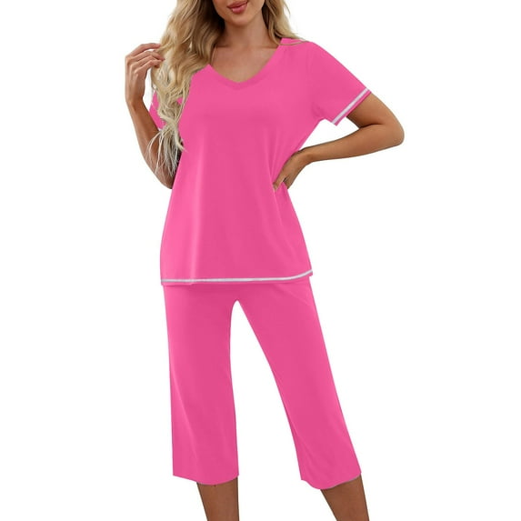 Besolor Womens Summer Pajamas 2 Piece Outfits Casual V Neck Short Sleeve Tops and Capri Pants Sets Sleepwear Pjs