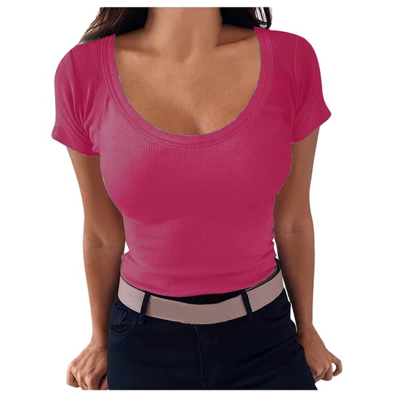 Besolor Womens Summer Short Sleeve Shirts Scoop Neck Ribbed Slim Fitted Tops Casual Basic Tops and Blouses