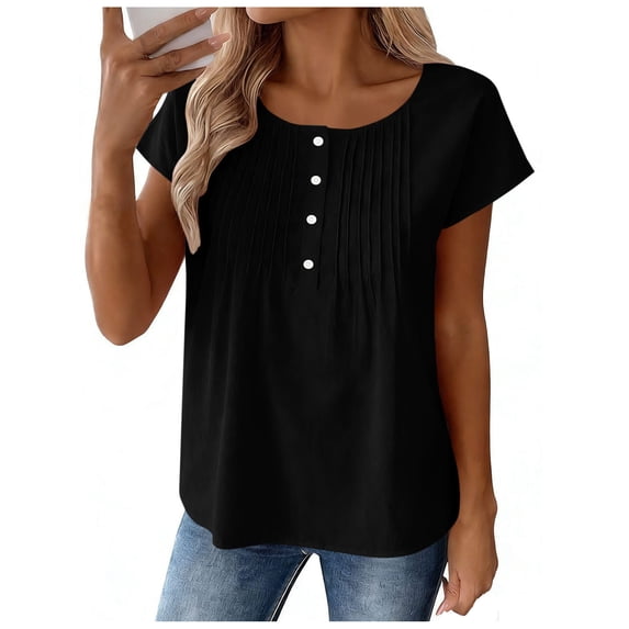 Besolor Womens Summer Short Sleeve Tops Pleated Front Button Crewneck Casual Loose Lightweight Shirts Top Pullover