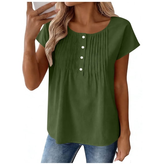 Besolor Womens Summer Short Sleeve Tops Pleated Front Button Crewneck Casual Loose Lightweight Shirts Top Pullover