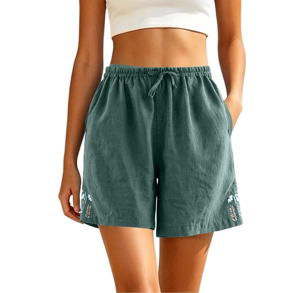 Besolor Womens Summer Shorts High Waisted Drawstring Wide Leg Side Embroidered Casual Loose Breathable Shorts with Pockets