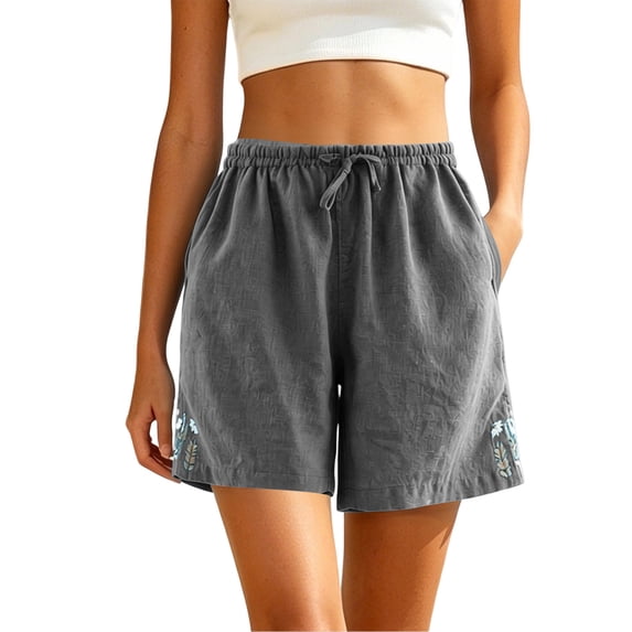 Besolor Womens Summer Shorts High Waisted Drawstring Wide Leg Side Embroidered Casual Loose Breathable Shorts with Pockets