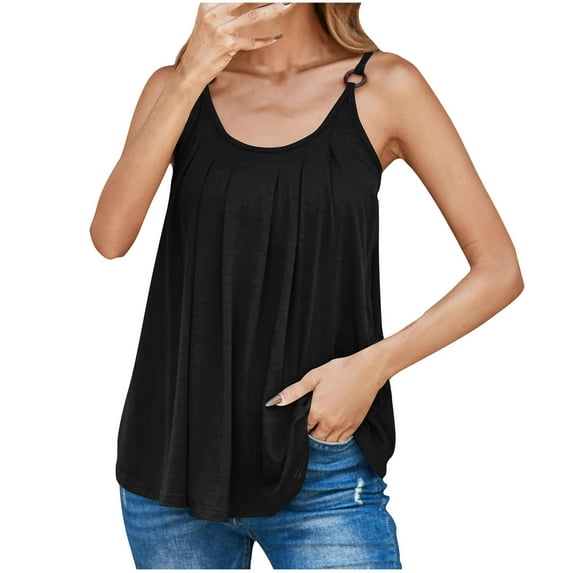 Besolor Womens Summer Tank Tops Adjustable Spaghetti Strap Camisoles Pleated Casual Loose Crewneck Tee Shirts