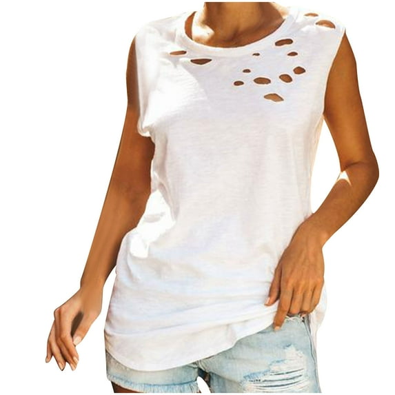 Besolor Womens Summer Tank Tops Casual Sleeveless Round Neck Cutout Shirts Solid Color Loose Basic Blouses Tee