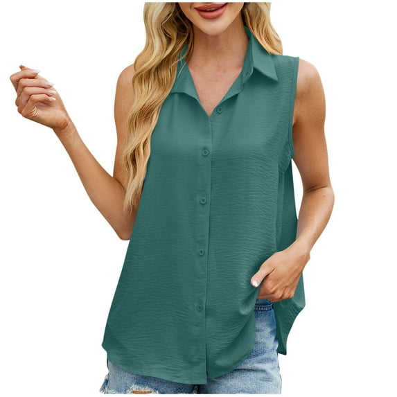 Besolor Womens Summer Tank Tops Collared Sleeveless Button down Shirts Casual Loose Work Office Chiffon Blouse