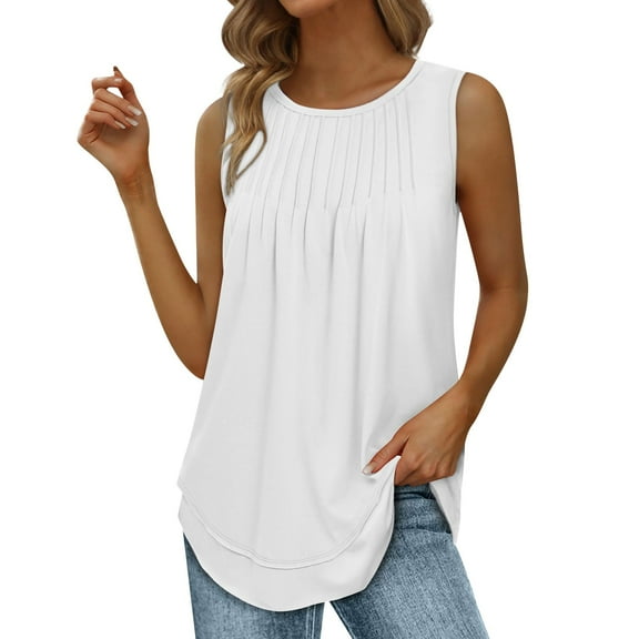 Besolor Womens Summer Tank Tops Round Neck Sleeveless Basic Shirts Pleated Casual Loose Going out Blouse Tees