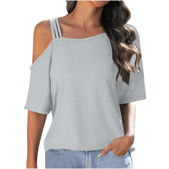 Besolor Womens Summer Trendy Tops Short Sleeve One-Shoulder Plain T Shirts Casual Going out Tops Blouses