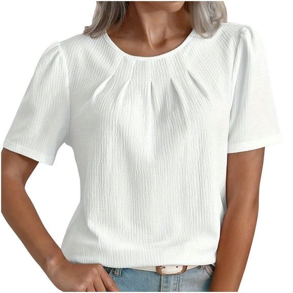 Besolor Womens Summer Tunic Tops Trendy Pleated Front Crewneck Short Sleeve Shirts Casual Going out Blouse