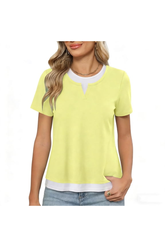 Womens Tops Summer Casual Loose Crewneck Color Block Short Sleeve Double Layer T-Shirt Top
