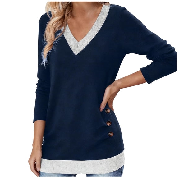 Besolor Womens Tunic Tops Color Block V Neck Long Sleeve Shirts Button Decor Casual Going out Dressy Blouse