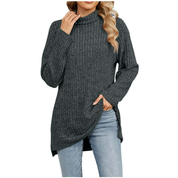 Besolor Womens Turtleneck Long Sleeve Shirts Lightweight Tunic Sweaters Trendy Side Slit Fall Dressy Blouse Outfits