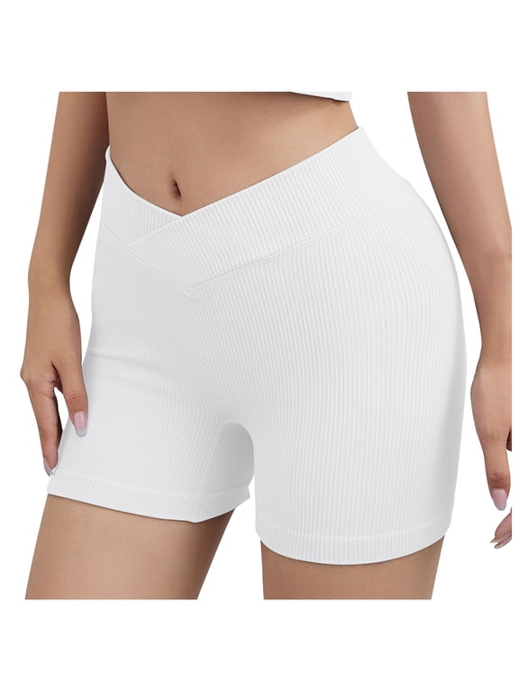 Womens V Cross Workout Shorts Ribbed Seamless High Waist Stretch Booty Athletic Yoga Biker Shorts