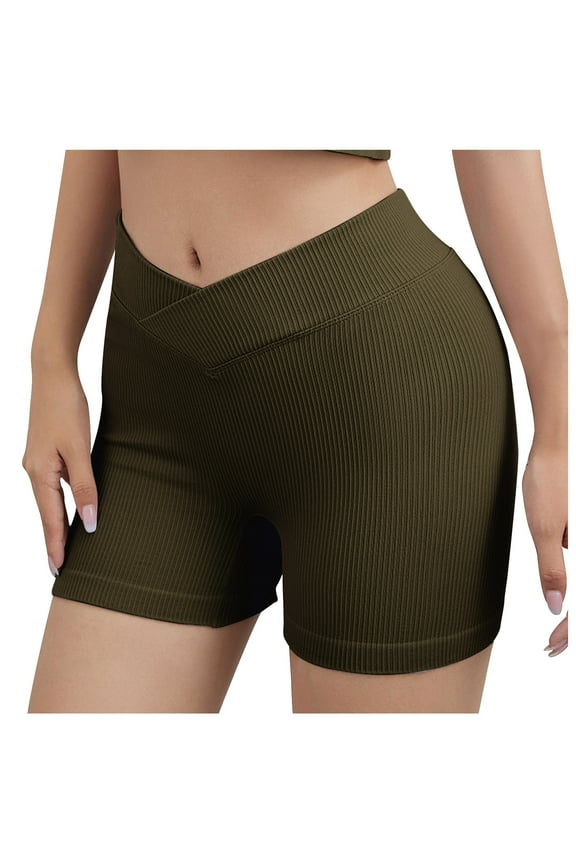 Womens V Cross Workout Shorts Ribbed Seamless High Waist Stretch Booty Athletic Yoga Biker Shorts