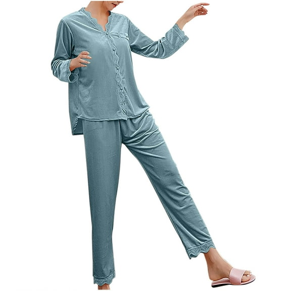 Besolor Womens Velvet Pajamas 2 Piece Lace Trim Long Sleeve Button down Tops and Pants Loungewear Sets Sleepwear Pjs