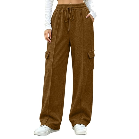 Besolor Womens Wide Leg Sweatpants Elastic Drawstring High Waist Loose Casual Running Trousers with Pocket(X-Large,Brown)