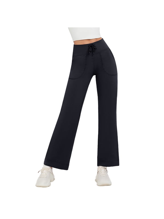 Womens Wide Leg Yoga Pants Casual High Waisted Drawstring Workout Yoga Trousers with Pockets