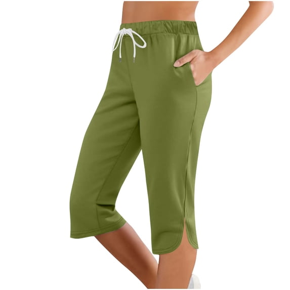 Besolor Womens Workout Capri Pants Summer High Waisted Drawstring Casual Split Pull on Capri Leggings with Pockets