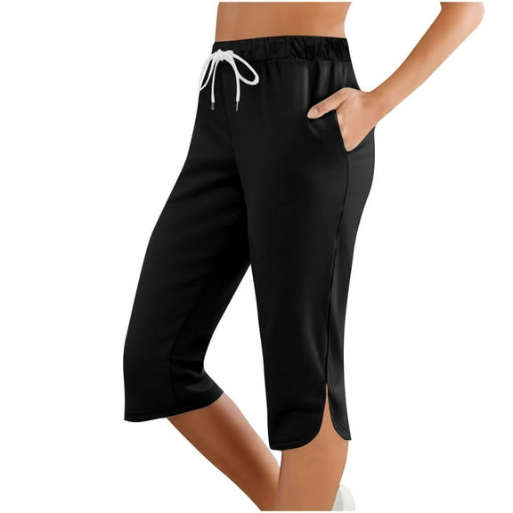 Besolor Womens Workout Capri Pants Summer High Waisted Drawstring Casual Split Pull on Capri Leggings with Pockets