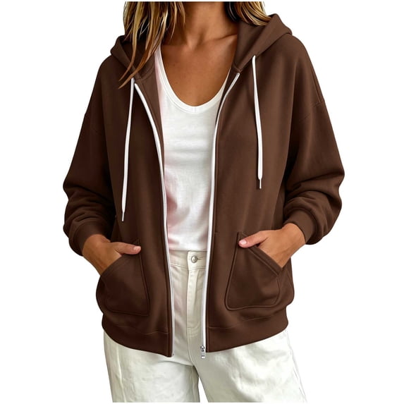 Besolor Womens Zip up Hoodies Drawstring Long Sleeve Sweatshirts Fall Winter Casual Thermal Warm Outdoor Track Jacket with Pockets(Small,Brown)
