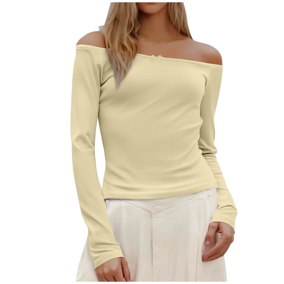 Besolor Womens off the Shoulder Tops Long Sleeve Going out Shirts Cute Basic Fall Fashion Clothes Streetwear