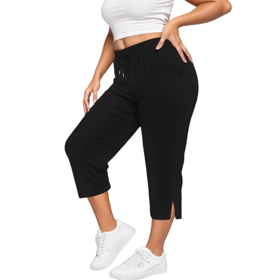 Besolor Workout Capris for Women High Waisted Elastic Drawstring Straight Leg Split Hem Casual Loose Running Yoga Capri Pants
