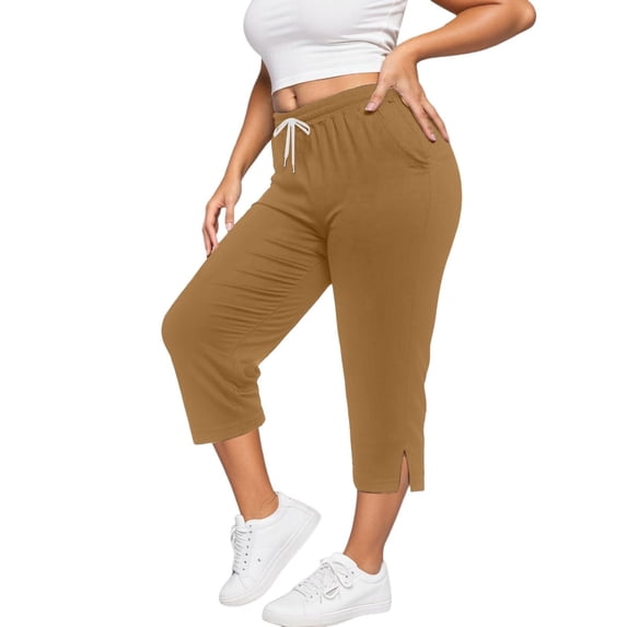 Besolor Workout Capris for Women High Waisted Elastic Drawstring Straight Leg Split Hem Casual Loose Running Yoga Capri Pants