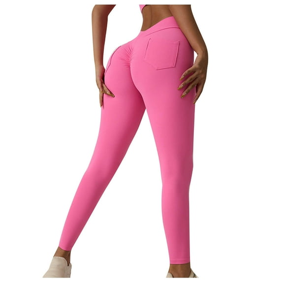 Besolor Yoga Pants with Pockets for Women Crossover Waist Workout Running 4 Way Stretch Yoga Leggings Tights Gym Clothes Pink