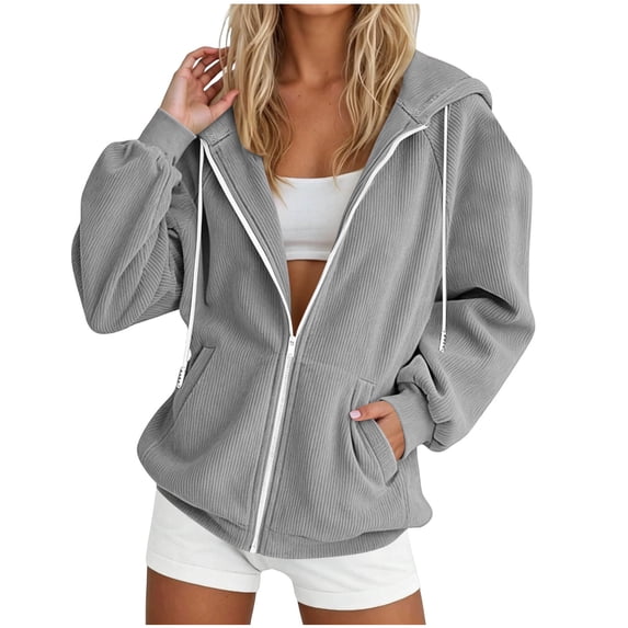 Besolor Zip up Hoodies for Women Corduroy Casual Fall Drawstring Long Sleeve Sweatshirt Jacket Tops with Pockets(Small,Gray)