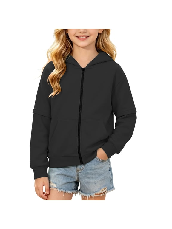 Zipper Hoodies for Kids Girls Long Sleeve Sweatshirts Fall Casual Loose Warm Outerwear Jacket Coat with Pockets(13-14 Years,Black)