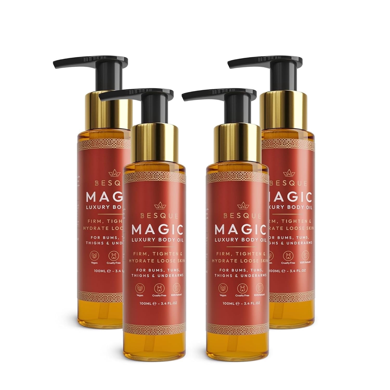 Besque Magic Body Oil, 3.4 FL OZ, After Shower Body Oil For Women, Hydrating Skin Care For Full Body That Plumps, Tightens, and Firms Skin With Natural Ingredients, Luxury Spa Gifts - Pack of 4