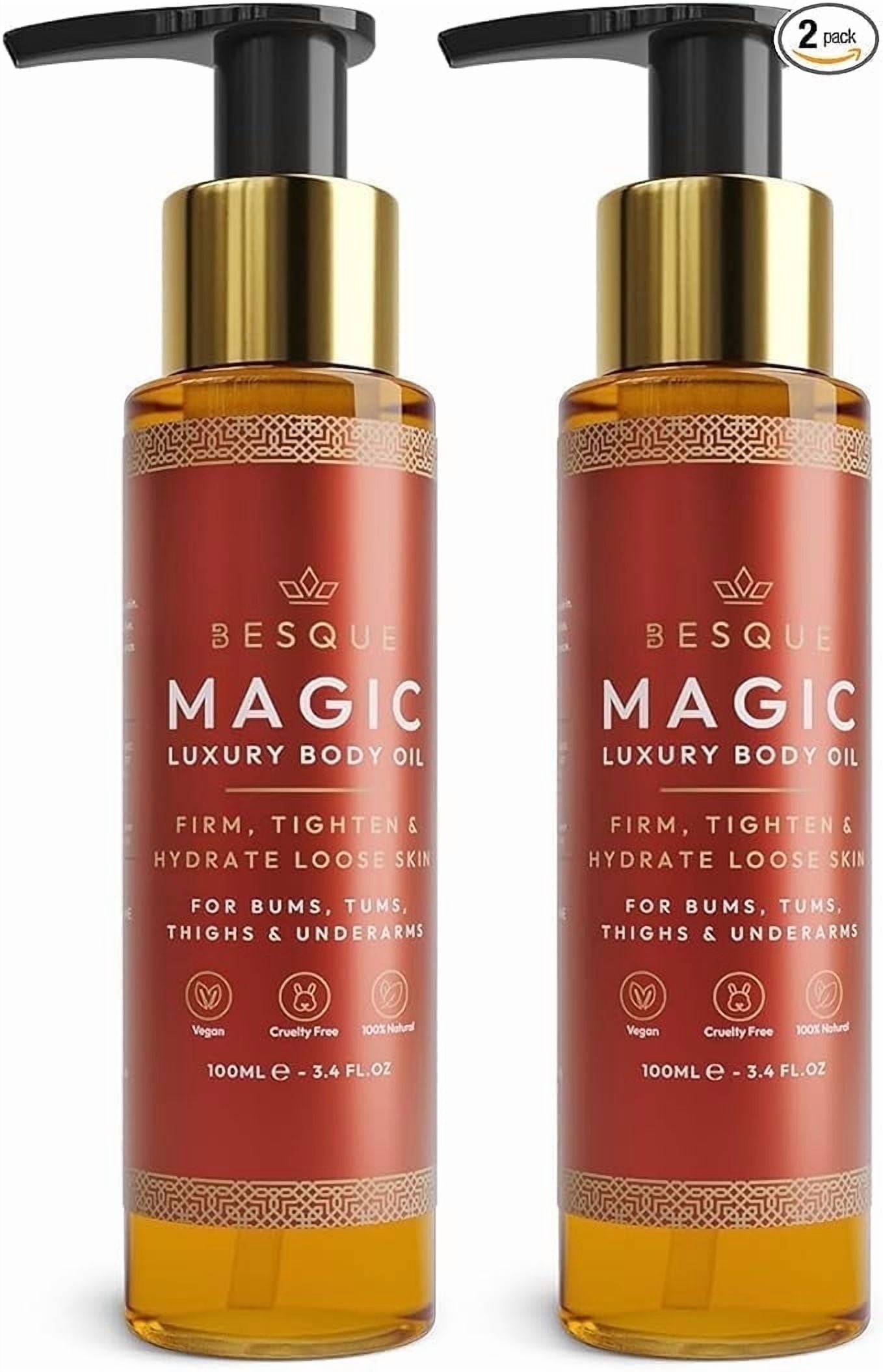 Besque Magic Body Oil, 3.4 FL OZ, After Shower Body Oil For Women, Hydrating Skin Care For Full Body That Plumps, Tightens, and Firms Skin With Natural Ingredients, Luxury Spa Gifts - Pack of 2