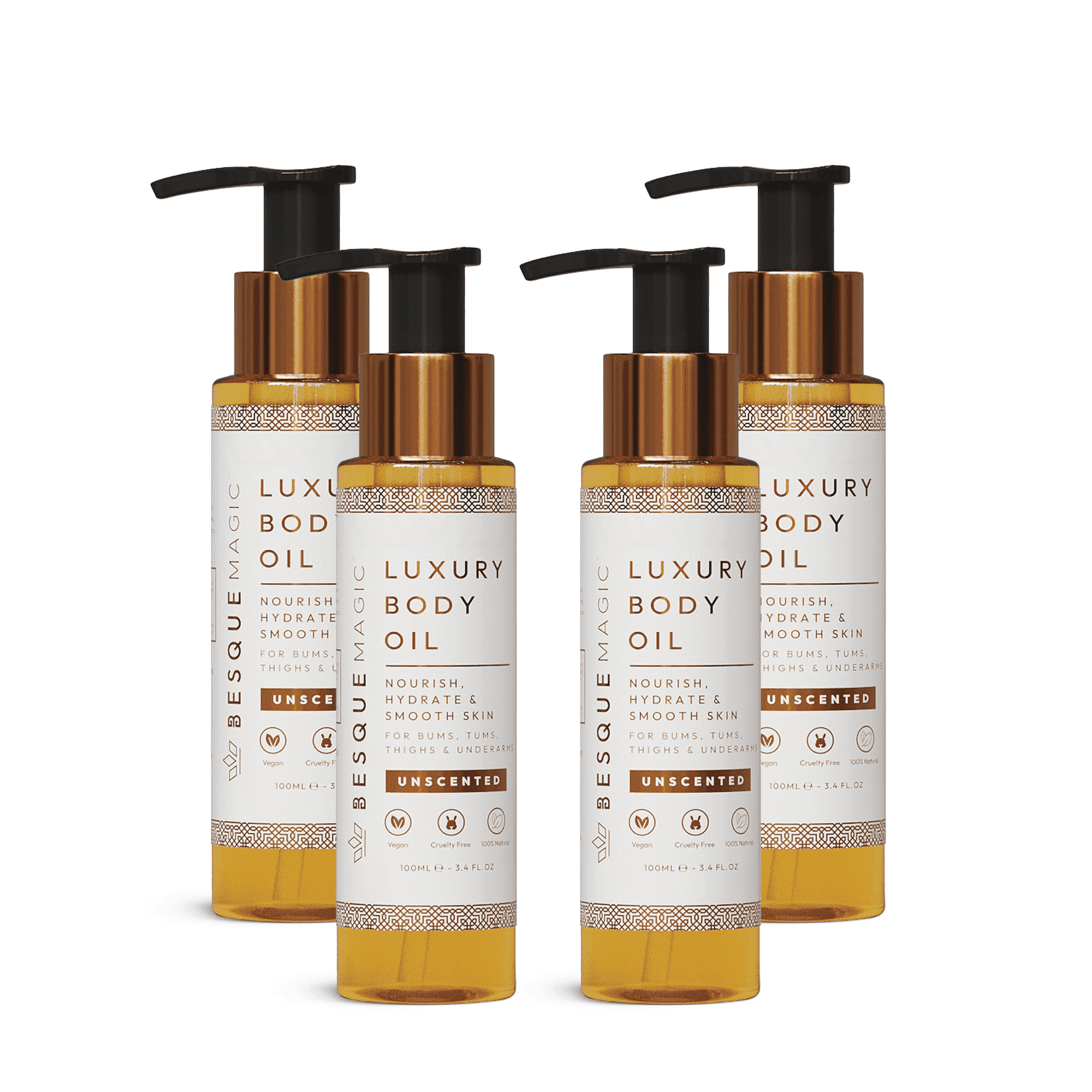 Besque Magic Body Oil – Unscented | Fragrance-Free | Hydrating & Firming Body Moisturizer| Natural Plant-Based Ingredients | Lightweight, Non-Greasy, Vegan Skincare | 3.4 FL Oz Pack of 4