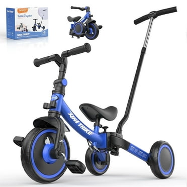 Besrey 7-in-1 Kids Tricycle with Push Handle for 1,2,3,4,5 Years Old Girls and Boys,Foldable Toddler Trike Bicycles,Blue