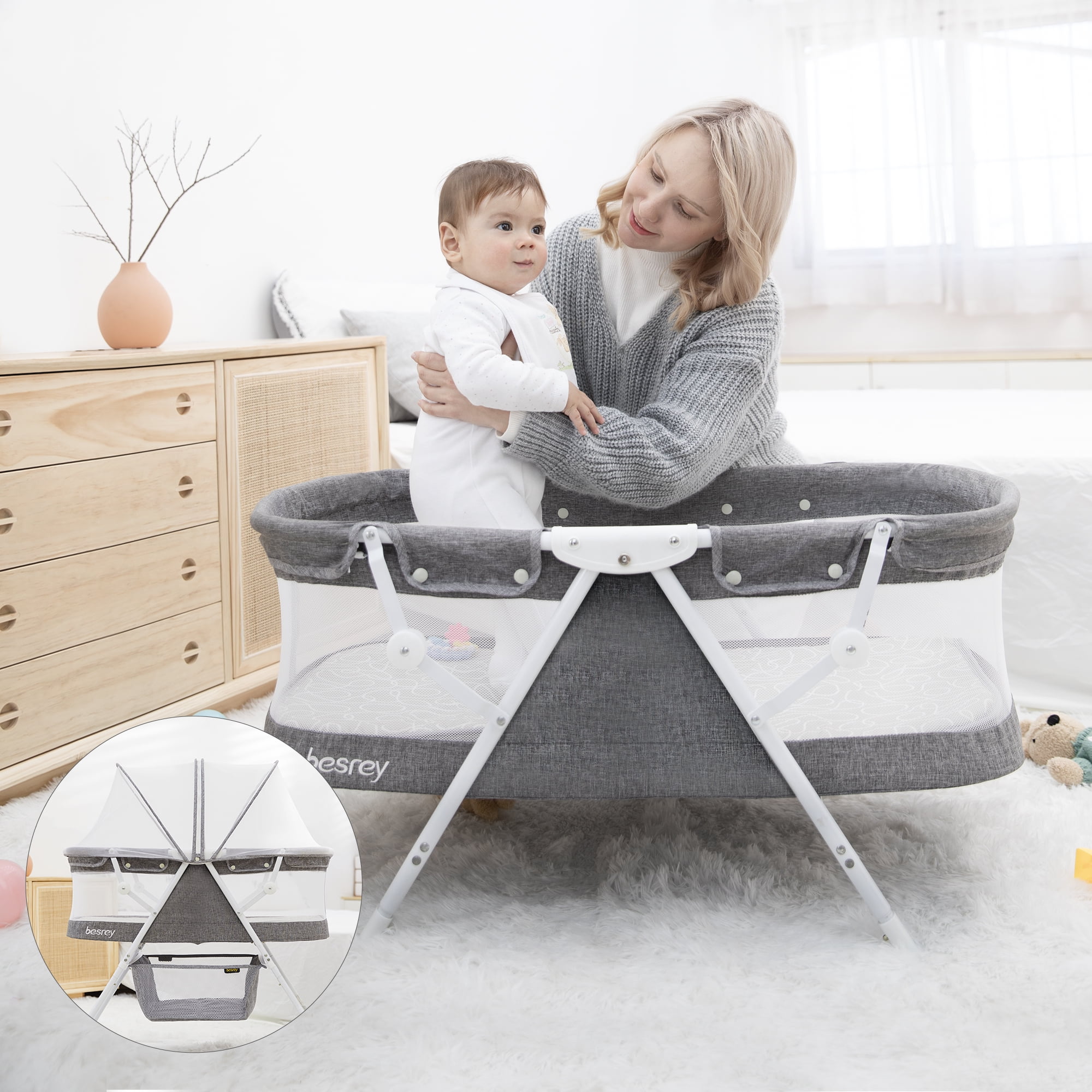 Besrey Baby Height Adjustable, Quick Fold Cradle, Portable for Babies up to