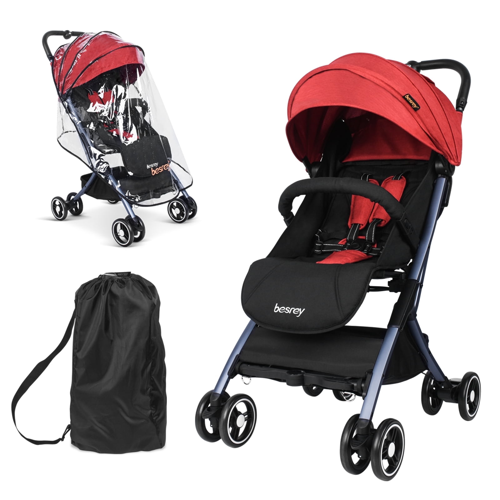 Besrey Foldable Lightweight Stroller with Rain Cover Travel Carry Bag Compact Travel Stroller for Airplane Red Walmart
