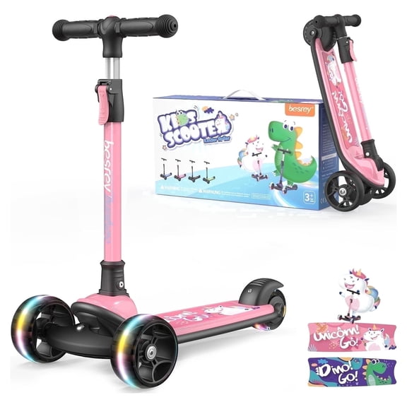 Besrey 3 Wheel Toddler Scooter for Kids Ages 3-10 Years Boys and Girls,Kick Scooter for Child with LED Light Wheels and Foldable Adjustable Height,Pink