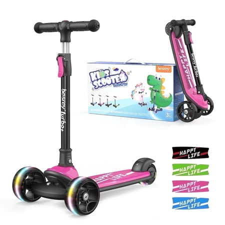 Besrey Kids Scooter 3 Wheel for Ages 3-10 Years Boys & Girls,Kick Scooter for Toddler with LED Light Wheels and Adjustable Height,Pink