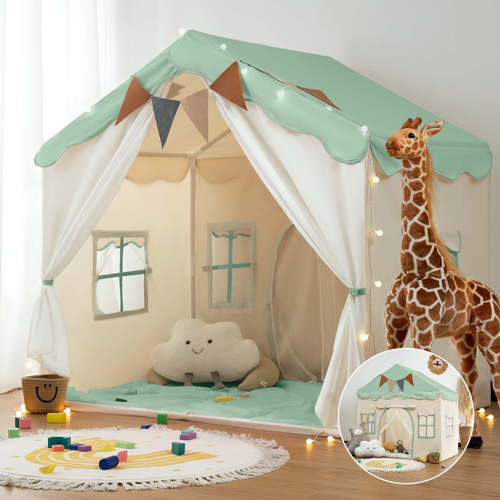 Green Polyester Kids Play Tent with Padded Mat and Lights