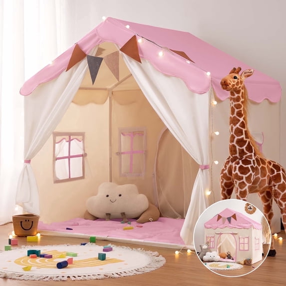 Besrey Kids Playhuose Tent for Boys and Girls,Toddler Play Tent with Padded Mat and Lights,Child Play Tents for Indoor & Outside,Pink