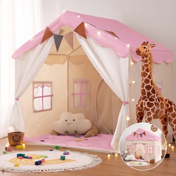 Besrey Kids Playhuose Tent for Boys and Girls,Toddler Play Tent with Padded Mat and Lights,Child Play Tents for Indoor & Outside,Pink