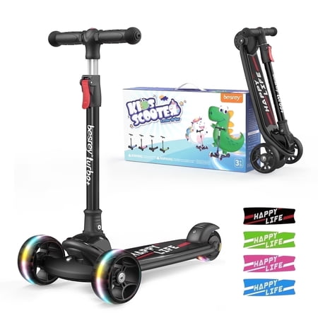 Besrey Kids 3 Wheel Scooter for Ages 3-10 Years Boys and Girls,Kick Scooter for Toddler With LED Lights and Foldable Adjustable Height,Black